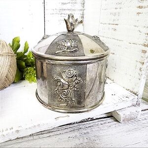 Vintage Silver-Plated Floral Embossed Jewelry Trinket Box